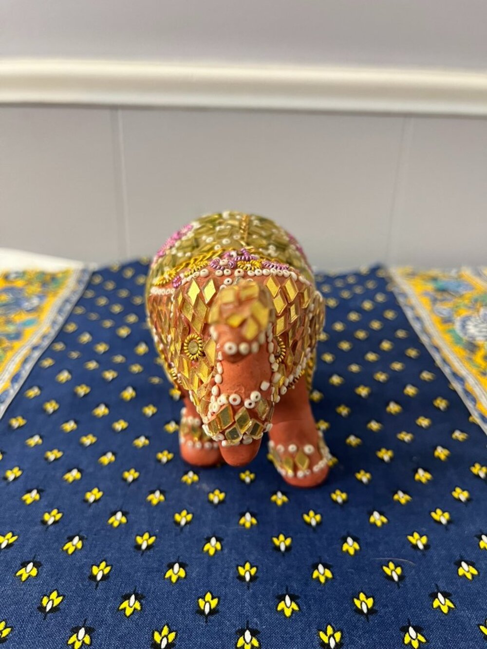 Colorful Mosaic Elephant Statue Decorative Beaded Gold Decor Boho Indian Style